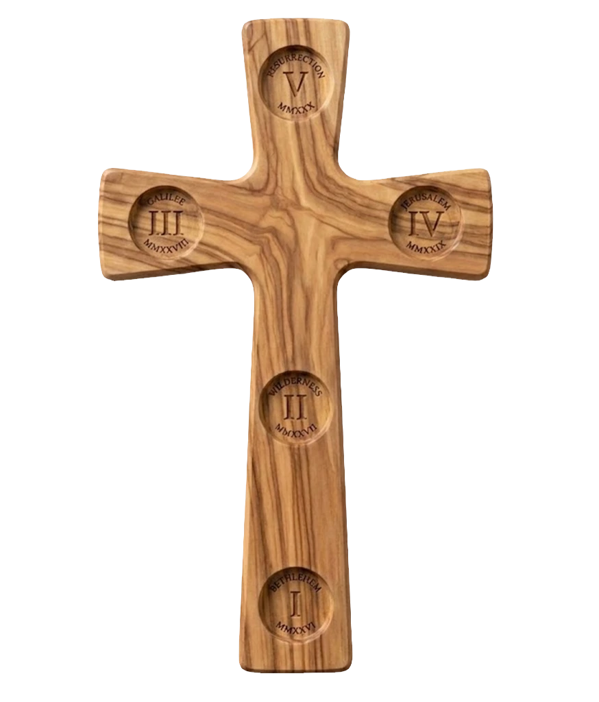 the lifetime cross, olive wood with five medallion seats for years one through five