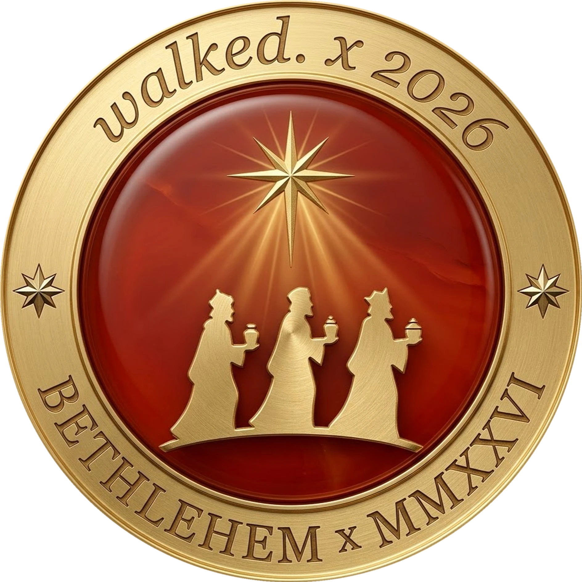 the year one medallion — walked. Bethlehem MMXXVI, gold with the star and the magi